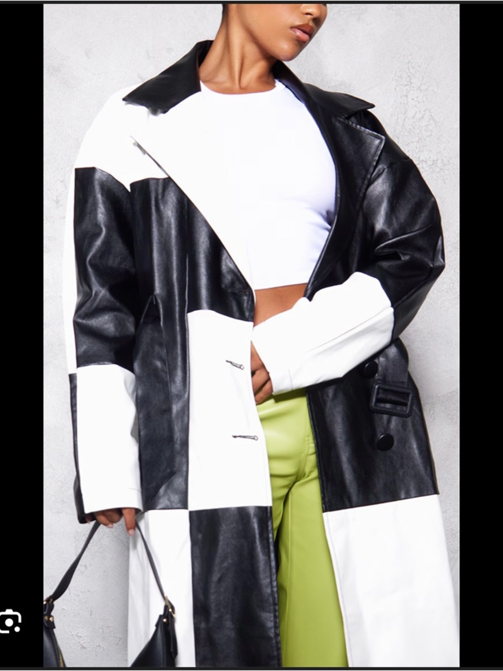 PrettyLittleThing Black and White Patchwork Faux Leather Trench